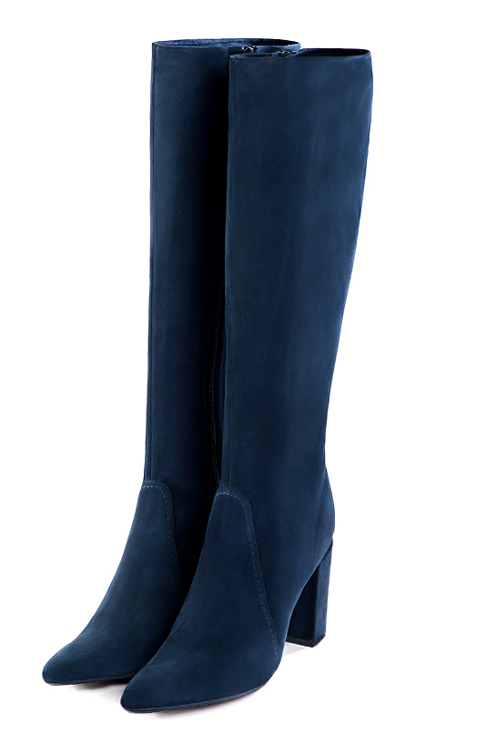 Bottes femme feminines sur mesures bleu marine Mollets fins ou larges Bout effile. Talon tres haut bottier. Personnalisation. Modele Stan Milan